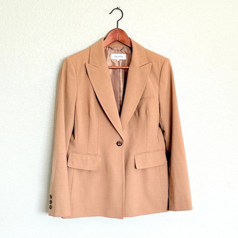 Calvin Klein Wool Tailored Camel Notched Collar Women's Career Blazer Size 8
